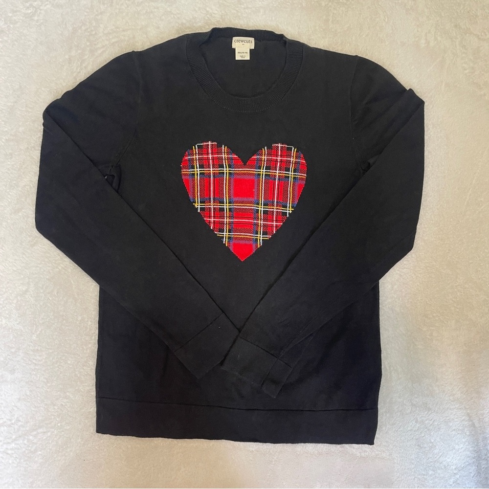 J. Crew Crewcuts Black Tartan Plaid Heart Knit Crewneck Sweater‎ Girls XXL